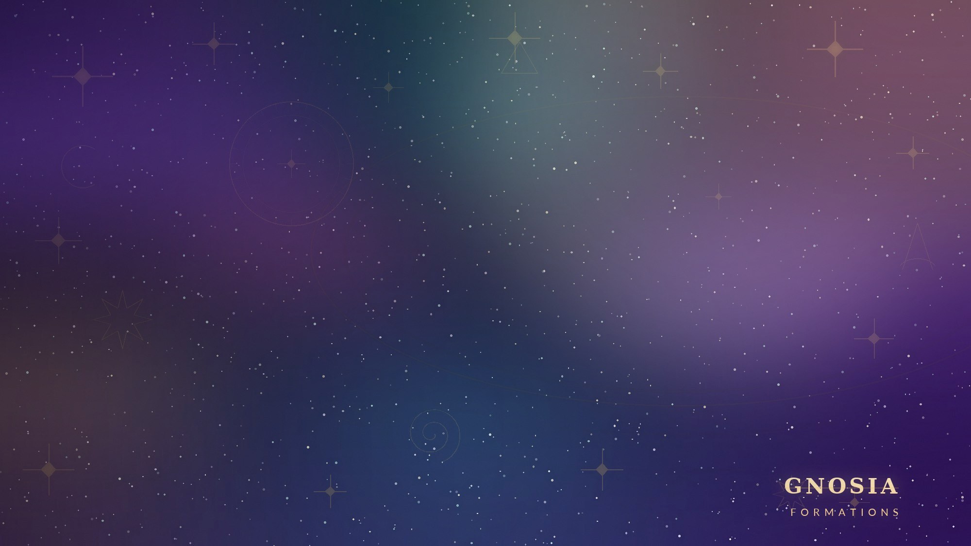 Univers cosmique lumineux : étoiles dorées, nébuleuses violettes et turquoise, symboles de connaissance — GNOSIA FORMATIONS